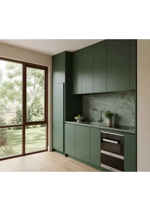 Прямая травянисто-зелёная кухня в стиле минимализм с панорамным окном