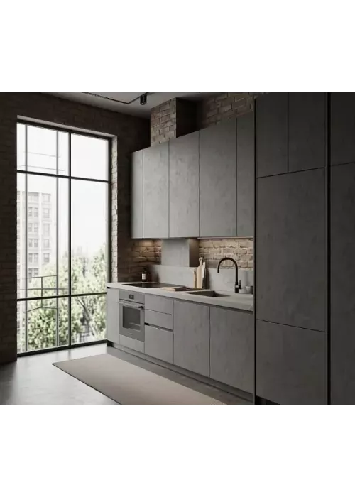 Прямая серо-бетонная кухня в стиле лофт с кирпичной стеной
